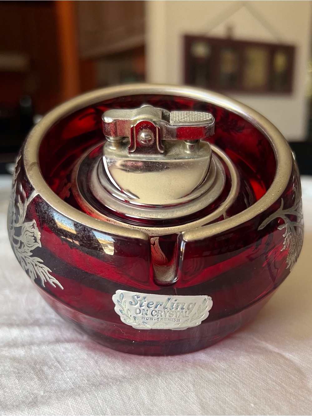 Vtg 50s Viking Glass Ruby Red Sterling Silver Overlay Orb Ashtray Lighter Set
